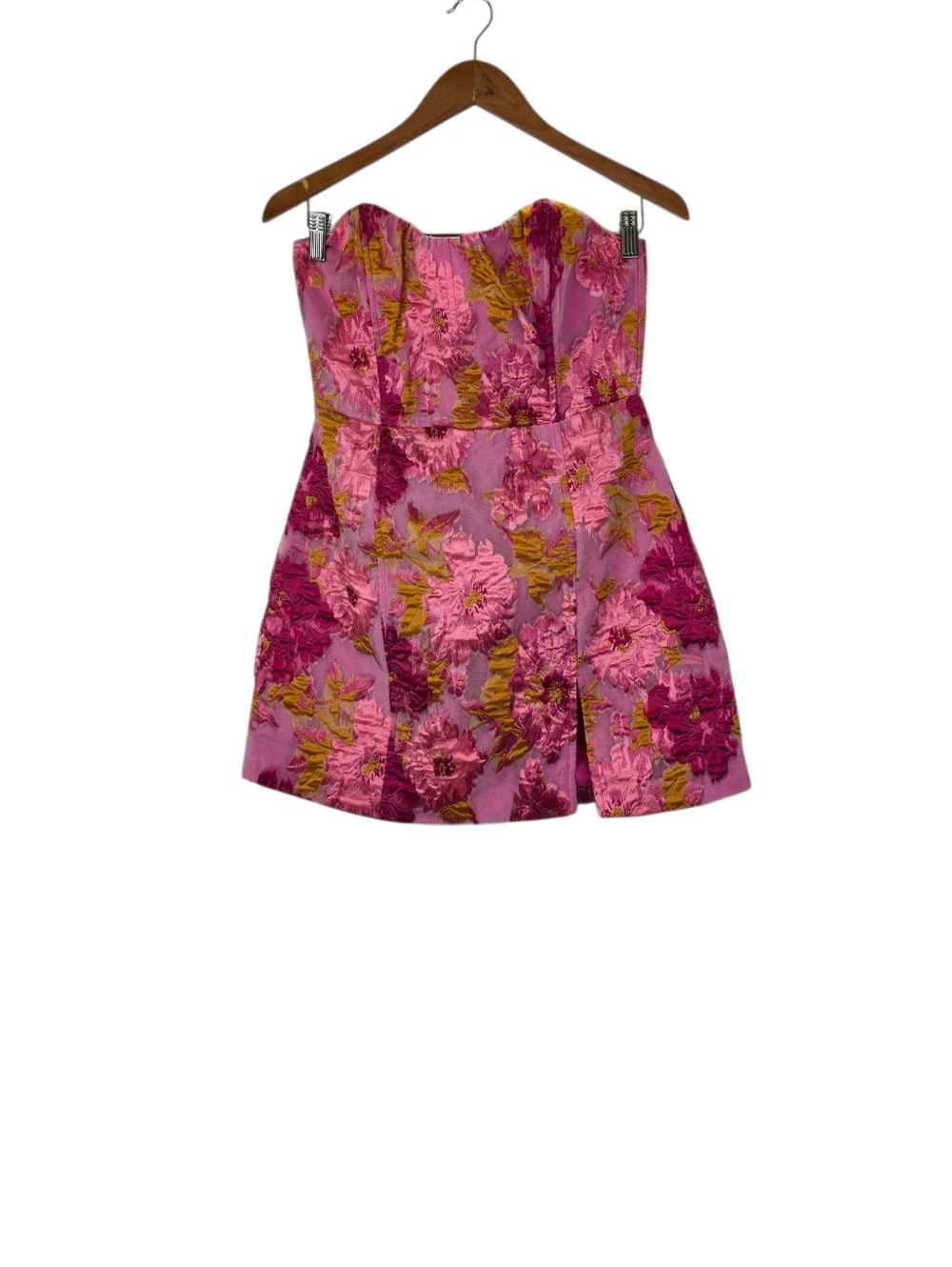 Showpo New Brailey Mini Dress Strapless Dress Pink Yellow Jacquard Floral Size 6